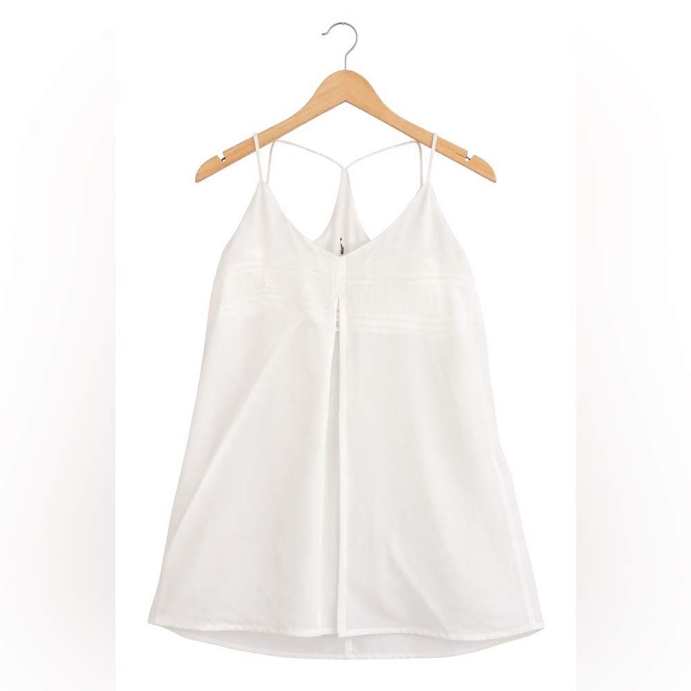 White Sheer Chiffon Split Front Tank Top w/ Lace Inset & Double Straps